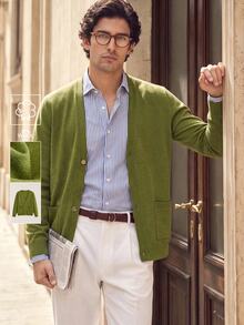 Suiteron Formal Old Money  Minimalist Men's Knitted Cardigan, Solid Color Loose Long Sleeve Knitted Knit Jacket, Casual Versatile Commuter Outerwear Sweater - Olive Green - View 1