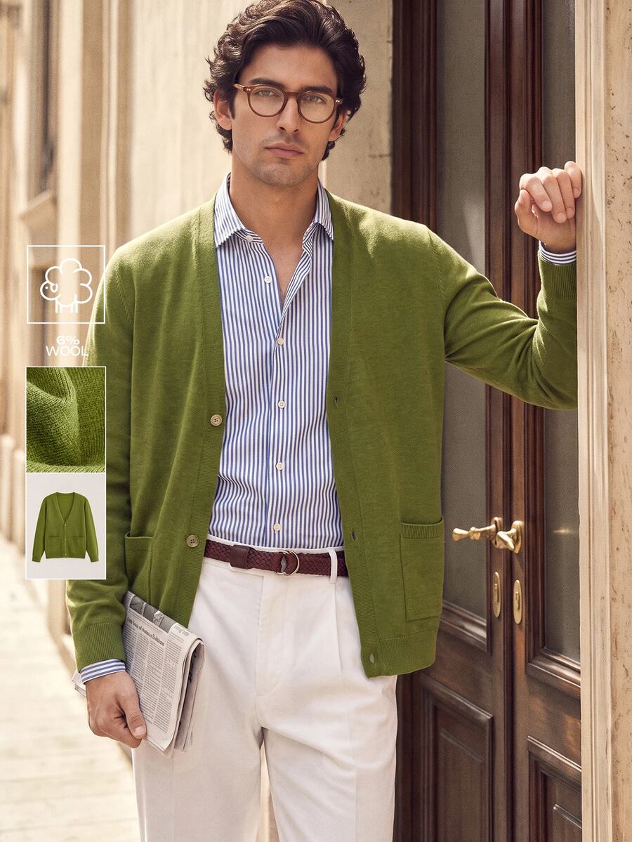 Suiteron Formal Old Money Minimalist Men's Knitted Cardigan, Solid Color Loose Long Sleeve Knitted Knit Jacket, Casual Versatile Commuter Outerwear Sweater - Olive Green - View 1