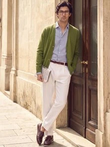 Suiteron Formal Old Money  Minimalist Men's Knitted Cardigan, Solid Color Loose Long Sleeve Knitted Knit Jacket, Casual Versatile Commuter Outerwear Sweater - Olive Green - View 2