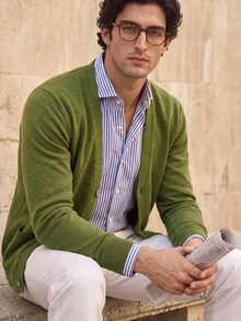 Suiteron Formal Old Money  Minimalist Men's Knitted Cardigan, Solid Color Loose Long Sleeve Knitted Knit Jacket, Casual Versatile Commuter Outerwear Sweater - Olive Green - View 10