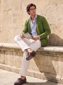 Suiteron Formal Old Money  Minimalist Men's Knitted Cardigan, Solid Color Loose Long Sleeve Knitted Knit Jacket, Casual Versatile Commuter Outerwear Sweater - Olive Green - View 4