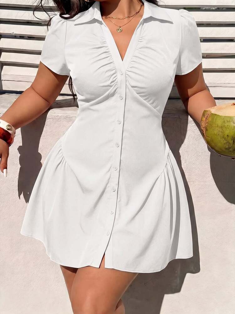 SHEIN MOD Plus Size Women's Solid Color Pleated Casual Everyday Summer Dress - White - View 5
