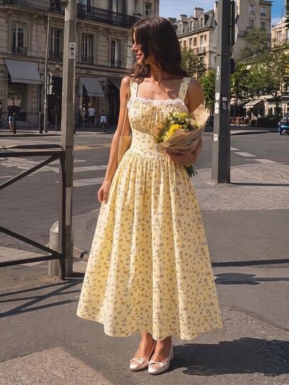 SHEIN MOD Plus Size Women Floral Print Pleated Elegant Waist-Cinching Party & Travel Dress