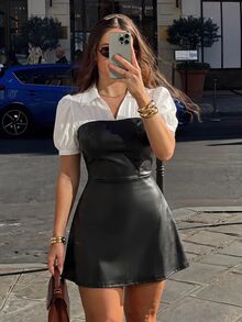 SHEIN MOD 大尺碼女款復古休閒優雅PU拼接黑白對比迷你洋裝，適合約會之夜、度假、正式場合、通勤與日常外出 - 黑與白 - 查看 4