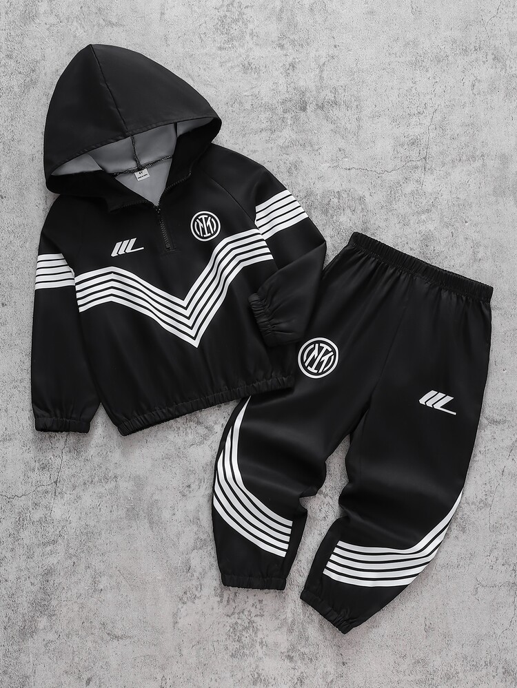 2pcs/Set Boys Casual Street Style Striped Print Patchwork Long Sleeve Zip-Up Pullover Jacket And Pants Set, Suitable For Spring/Autumn Daily Casual Wear, Suitable For Autumn/Winter, Comfortable Fabric, Fashionable Fit, Spring/Summer New Style, Suitable For Multiple Seasons And Occasions - Black - View 3