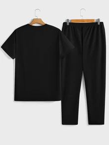 EASEVO Men's Plus Size Letter Print Short Sleeve T-Shirt And Pants Casual Set, Holiday, Vacation - Black - View 11
