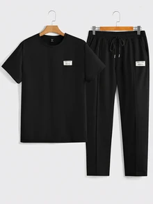 EASEVO Men's Plus Size Letter Print Short Sleeve T-Shirt And Pants Casual Set, Holiday, Vacation - Black - View 2