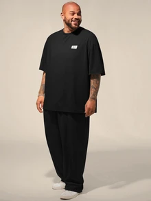 EASEVO Men's Plus Size Letter Print Short Sleeve T-Shirt And Pants Casual Set, Holiday, Vacation - Black - View 3