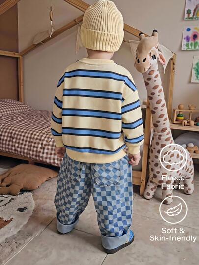 1pc Boys Striped Print Thick Sweatshirt, Casual College Style Loose Fit Fashion 80s Back To School Winter Campus Activity Sports Autumn Top