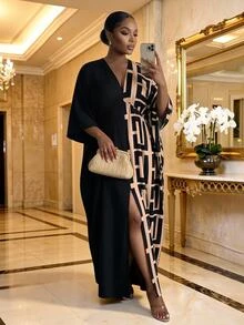 SHEIN Lady Vestido de Talla Grande para Vacaciones con Estampado Geométrico y Bloques de Color Otoño - Multicolor - Ver 4