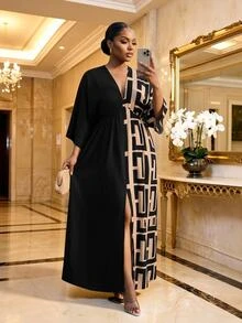 SHEIN Lady Vestido de Talla Grande para Vacaciones con Estampado Geométrico y Bloques de Color Otoño - Multicolor - Ver 3