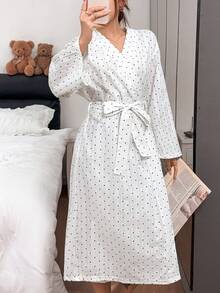 Napfluff Women's Polka Dot Print Long Sleeve Patchwork Tie Front Robe - White - View 6