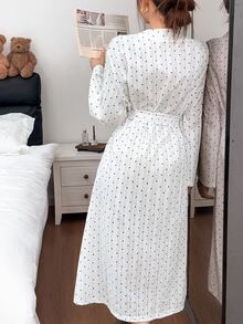 Napfluff Women's Polka Dot Print Long Sleeve Patchwork Tie Front Robe - White - View 2