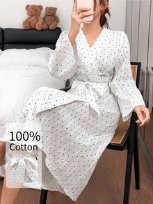 Napfluff Women's Polka Dot Print Long Sleeve Patchwork Tie Front Robe - White - View 1