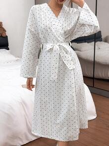Napfluff Women's Polka Dot Print Long Sleeve Patchwork Tie Front Robe - White - View 7
