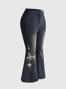 ROMWE Fairycore 復古 Y2K 蝴蝶玫瑰提花刺繡女款低腰緊身喇叭大尺碼牛仔褲 - 霧霾藍 - 查看 6