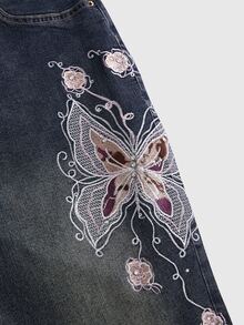 ROMWE Fairycore 復古 Y2K 蝴蝶玫瑰提花刺繡女款低腰緊身喇叭大尺碼牛仔褲 - 霧霾藍 - 查看 4