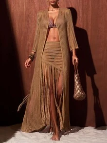 Zivah Women's Solid Color Long Robe And Tassel Skirt Casual Vacation Cover-Up Set - Khaki - View 5