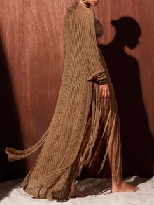 Zivah Women's Solid Color Long Robe And Tassel Skirt Casual Vacation Cover-Up Set - Khaki - View 3