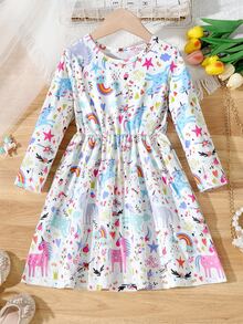 SHEIN Young Girls' Back-To-School Multi-Dimensional Cartoon Unicorn Printed Long Sleeve Comfortable Midi Dress, Suitable For Outings And Vacations, Spring And Fall - White - View 3