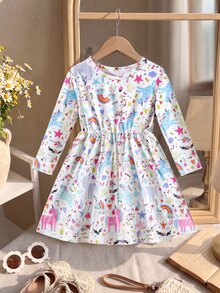 SHEIN Young Girls' Back-To-School Multi-Dimensional Cartoon Unicorn Printed Long Sleeve Comfortable Midi Dress, Suitable For Outings And Vacations, Spring And Fall - White - View 8