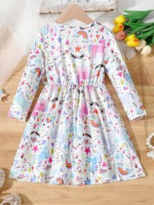 SHEIN Young Girls' Back-To-School Multi-Dimensional Cartoon Unicorn Printed Long Sleeve Comfortable Midi Dress, Suitable For Outings And Vacations, Spring And Fall - White - View 2