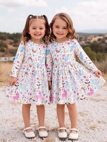 SHEIN Young Girls' Back-To-School Multi-Dimensional Cartoon Unicorn Printed Long Sleeve Comfortable Midi Dress, Suitable For Outings And Vacations, Spring And Fall - White - View 1