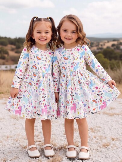 SHEIN Young Girls' Back-To-School Multi-Dimensional Cartoon Unicorn Printed Long Sleeve Comfortable Midi Dress, Suitable For Outings And Vacations, Spring And Fall