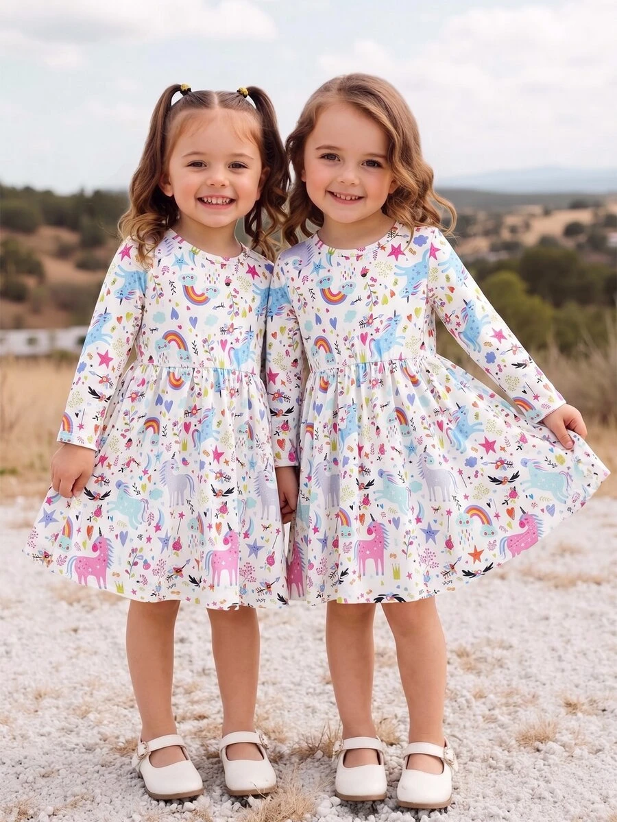 SHEIN Young Girls' Back-To-School Multi-Dimensional Cartoon Unicorn Printed Long Sleeve Comfortable Midi Dress, Suitable For Outings And Vacations, Spring And Fall - White - View 1