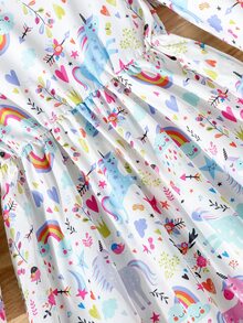 SHEIN Young Girls' Back-To-School Multi-Dimensional Cartoon Unicorn Printed Long Sleeve Comfortable Midi Dress, Suitable For Outings And Vacations, Spring And Fall - White - View 4