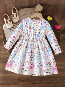 SHEIN Young Girls' Back-To-School Multi-Dimensional Cartoon Unicorn Printed Long Sleeve Comfortable Midi Dress, Suitable For Outings And Vacations, Spring And Fall - White - View 7