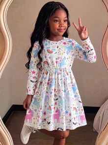 SHEIN Young Girls' Back-To-School Multi-Dimensional Cartoon Unicorn Printed Long Sleeve Comfortable Midi Dress, Suitable For Outings And Vacations, Spring And Fall - White - View 9