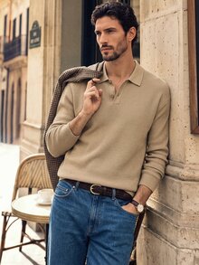 Suiteron Men's Khaki Ribbed Knit Polo Collar Loose Fit Long Sleeve Wool Sweater Casual Commute Luxury Solid Color Base Layer Top, Formal Old Money - Khaki - View 11