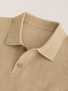 Suiteron Men's Khaki Ribbed Knit Polo Collar Loose Fit Long Sleeve Wool Sweater Casual Commute Luxury Solid Color Base Layer Top, Formal Old Money - Khaki - View 8
