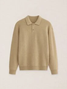 Suiteron Men's Khaki Ribbed Knit Polo Collar Loose Fit Long Sleeve Wool Sweater Casual Commute Luxury Solid Color Base Layer Top, Formal Old Money - Khaki - View 7