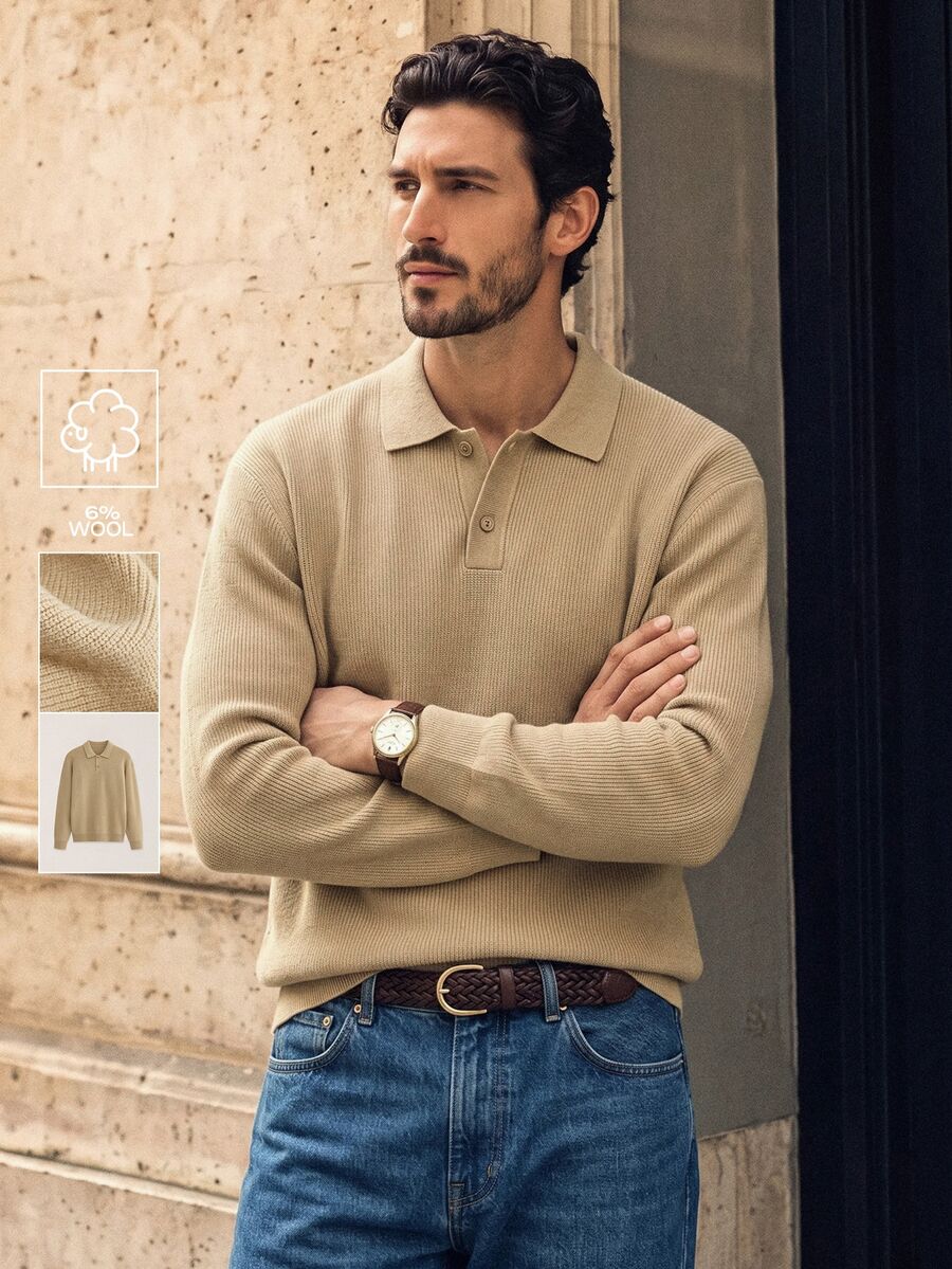 Suiteron Men's Khaki Ribbed Knit Polo Collar Loose Fit Long Sleeve Wool Sweater Casual Commute Luxury Solid Color Base Layer Top, Formal Old Money