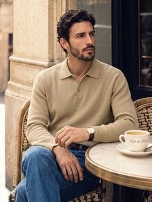 Suiteron Men's Khaki Ribbed Knit Polo Collar Loose Fit Long Sleeve Wool Sweater Casual Commute Luxury Solid Color Base Layer Top, Formal Old Money - Khaki - View 3