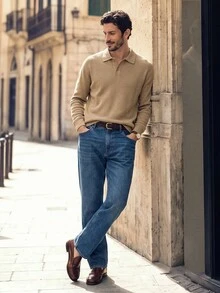 Suiteron Men's Khaki Ribbed Knit Polo Collar Loose Fit Long Sleeve Wool Sweater Casual Commute Luxury Solid Color Base Layer Top, Formal Old Money - Khaki - View 6
