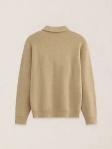 Suiteron Men's Khaki Ribbed Knit Polo Collar Loose Fit Long Sleeve Wool Sweater Casual Commute Luxury Solid Color Base Layer Top, Formal Old Money - Khaki - View 10