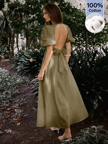 Maija 女款性感歐式法式熱帶風優雅時尚花瓣袖抓褶洋裝 橄欖綠 夏季社交早午餐度假花園派對 - 軍綠色 - 查看 2