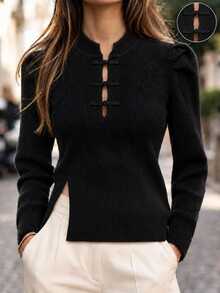 SHEIN PariChic Women's Casual Autumn/Winter Solid Color Loose Knit Pullover With Side Slit Hem, Frog Button And New Chinese Style Buttons - Black - View 1