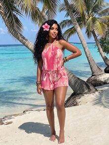 BamGleam Women's Summer Pink And White Lily Print Pleated Heavy Work Beach Party Camisole Loose Top And Pleated Shorts 2 Pieces Set Sexy Tropical - Pink - View 7