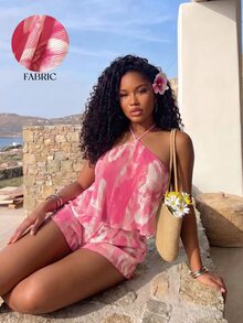 BamGleam Women's Summer Pink And White Lily Print Pleated Heavy Work Beach Party Camisole Loose Top And Pleated Shorts 2 Pieces Set Sexy Tropical - Pink - View 6