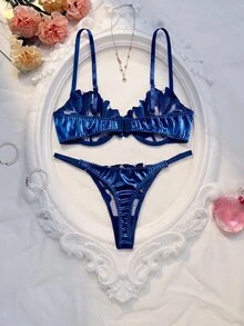 SHEIN مجموعة ملابس داخلية نسائية مثيرة بالتطريز وأسلاك الدعم، مجموعة صدرية وملابس داخلية - أزرق بحري - مشاهدة 2
