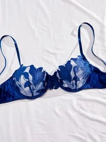 SHEIN مجموعة ملابس داخلية نسائية مثيرة بالتطريز وأسلاك الدعم، مجموعة صدرية وملابس داخلية - أزرق بحري - مشاهدة 5