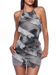 SHEIN ICON 女款淺灰色性感荷葉邊下擺掛脖洋裝，適合夜晚外出、夜店、夏季穿著 - 彩色 - 查看 1