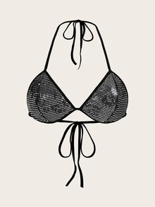 SHEIN ICON Summer Sexy Glitter Backless Ultra Short Halter Top Camisole Top - Black - View 5
