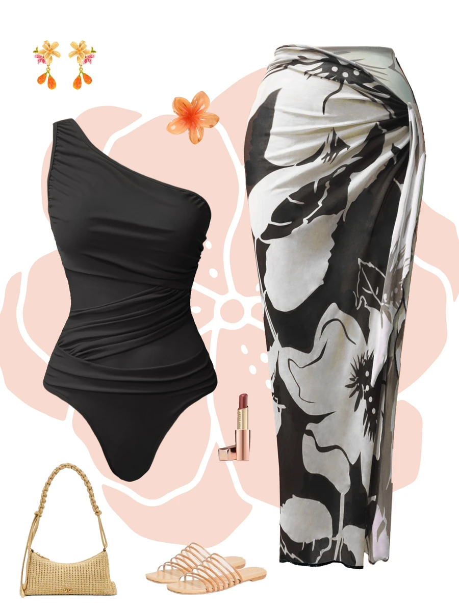 Swim Oasis 2件套女士纯色褶皱连体泳衣配印花纱笼 - 黑色 - 查看 1