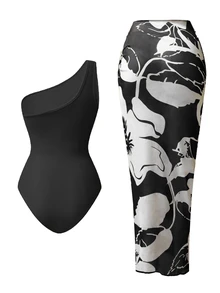 Swim Oasis 2件套女士纯色褶皱连体泳衣配印花纱笼 - 黑色 - 查看 2