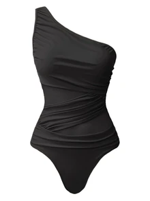 Swim Oasis 2件套女士纯色褶皱连体泳衣配印花纱笼 - 黑色 - 查看 3
